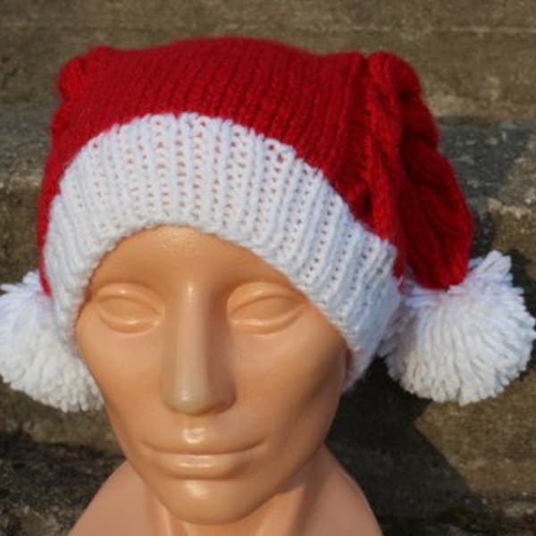 Cable hand knitted the Christmas Penny's style Hat, Pom poms hat,  Santa hat, Red and White chunky Acrylic