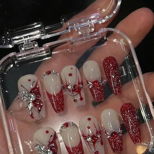 Red Glitter Press On Nails: Long Coffin Christmas Rhinestone Nail Art
