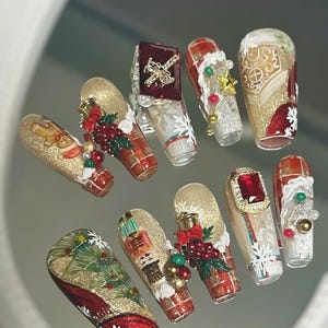 3D Red and Gold Christmas Press On Nails: Festive Holiday Coffin Style
