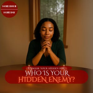 May include: A woman in a dark green top sits at a round table with hands clasped, eyes closed. A red banner with white text reads "Unmask your hidden foe. Who is your hidden enemy?" and "Same hour, same day" in a red circle.