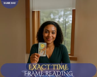 Puede incluir: Una persona sosteniendo una carta del tarot con una ilustración del sol, con otras cartas sobre una mesa de madera. El texto "EXACT TIME FRAME READING" se muestra en una pancarta azul. El texto "SAME HOUR SAME DAY" se muestra en un círculo.