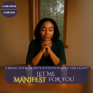 Puede incluir: Una persona con los ojos cerrados y las manos juntas está sentada en una mesa con dos velas encendidas. La imagen incluye el texto que dice "Traigo la intención de tu corazón a la luz." y "Déjame manifestar por ti."