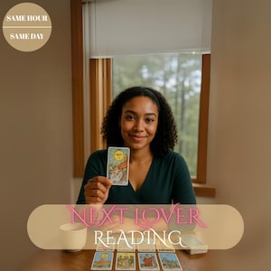 Puede incluir: Una mujer sostiene una carta del tarot con un diseño de sol, con el texto "The Sun". La imagen también incluye el texto "Next Lover Reading" y "Same Hour Same Day". Varias cartas del tarot están dispuestas sobre una mesa de madera.