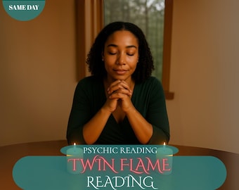 May include: A person with closed eyes and clasped hands sits at a table. The image includes text that reads "SAME HOUR SAME DAY" and "PSYCHIC READING TWIN FLAME READING" in a teal banner.