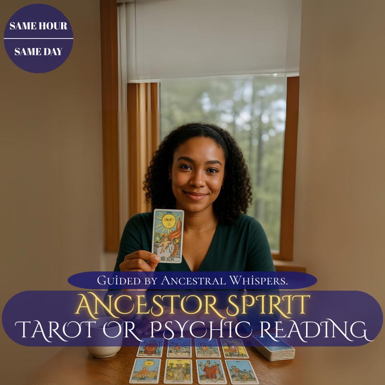 Ancestor Spirit Psychic Reading by Medium Charlotte offers a same hour medium reading to connect you with ancestral spirits. Through psychic insight, clairvoyance, and channeling, this reading provides guidance on family karma, hidden patterns, and personal growth. Receive compassionate advice from Medium Charlotte and optional tarot card insights for clarity. Ideal for clients seeking spiritual messages, ancestral connection, and intuitive healing guidance for life and relationships.