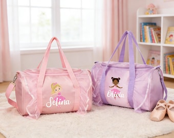 女の子用パーソナライズ名前入りダンスバッグ カスタムダッフルバッグ ピンク バレエダンスバッグ 子供用体操バッグ 新学期ギフト 体操チアガールズ