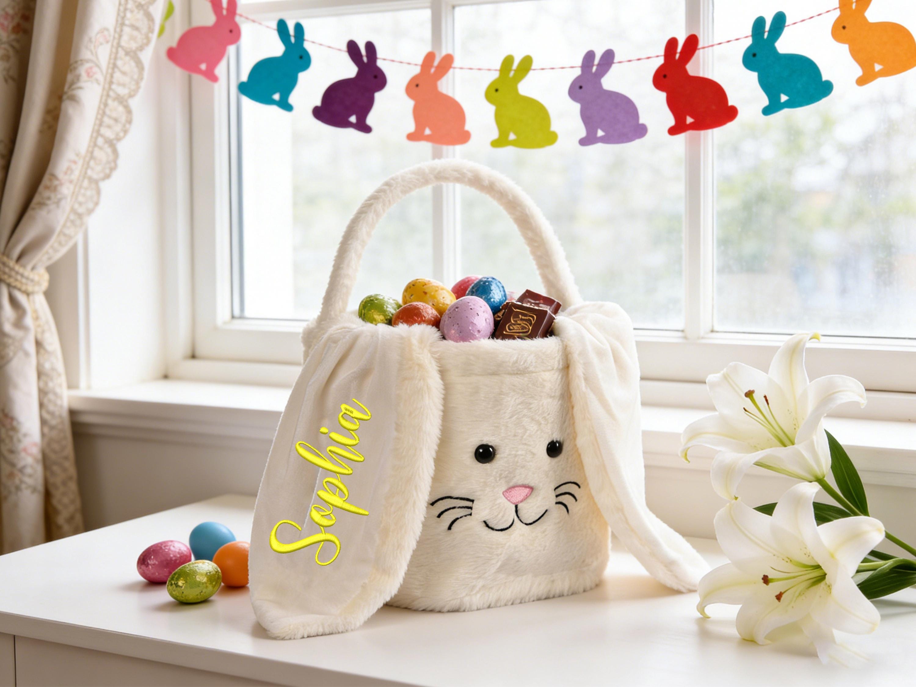 Discover Personalized Easter Bunny Basket Embroidered Plush Easter Basket Custom Easter Egg Hunt Basket Girls Easter Bucket Easter Gift Spring Decor