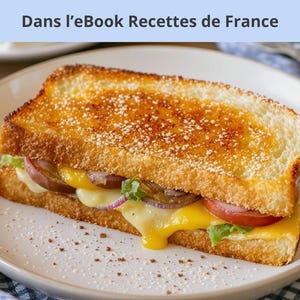 Peut inclure: Un sandwich Croque monsieur sur une assiette blanche. Le sandwich est composé de pain grillé, de fromage fondu, de tomate, d'oignon rouge et de laitue. Le texte "Recette: Croque monsieur" et "Cuisiner Solo" est inclus.