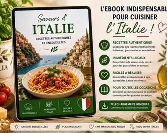 May include: An ebook titled "Saveurs d'Italie" displayed on a tablet, featuring Italian recipes. The image shows a plate of spaghetti with tomato sauce, basil, and parmesan cheese. Other elements include tomatoes, olive oil, and olives.