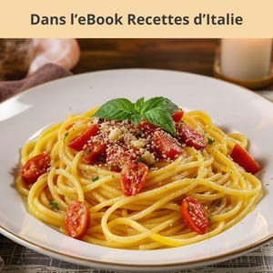 Peut inclure: Un plat de spaghetti aglio e olio, un plat de pâtes italien classique. Les pâtes sont garnies de tomates cerises coupées en deux, de fromage râpé et de basilic frais. L'image comprend le texte "Recette: Spaghetti aglio e olio" et "Cuisiner Solo."