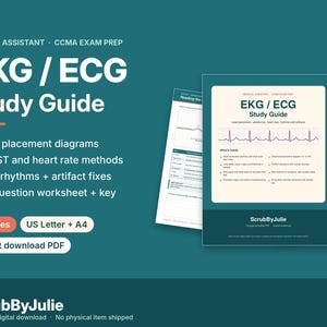 May include: A 10-page EKG/ECG study guide for medical assistants and CCMA exam prep. The document features lead placement diagrams, PQRST and heart rate methods, nine rhythms with artifact fixes, and a 20-question worksheet with an answer key.