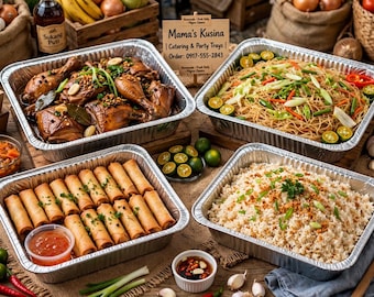 May include: Four aluminum foil trays containing Filipino dishes: chicken adobo, pancit noodles with vegetables and calamansi, fried spring rolls with dipping sauce, and garlic fried rice. A sign reads Mama's Kusina Catering & Party Trays 0917-555-2843.