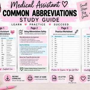 Puede incluir: Una guía de estudio de cuatro páginas sobre abreviaturas médicas comunes para asistentes, que incluye tablas, hojas de ejercicios y una clave de respuestas. El documento presenta encabezados y texto en negro y rosa, para papel A4.