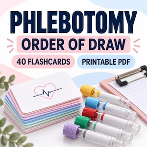 May include: A stack of 40 phlebotomy order of draw flashcards with a heart and pulse graphic, accompanied by five clear medical specimen tubes with yellow, blue, red, green, and purple caps, and a pink clipboard with white paper.
