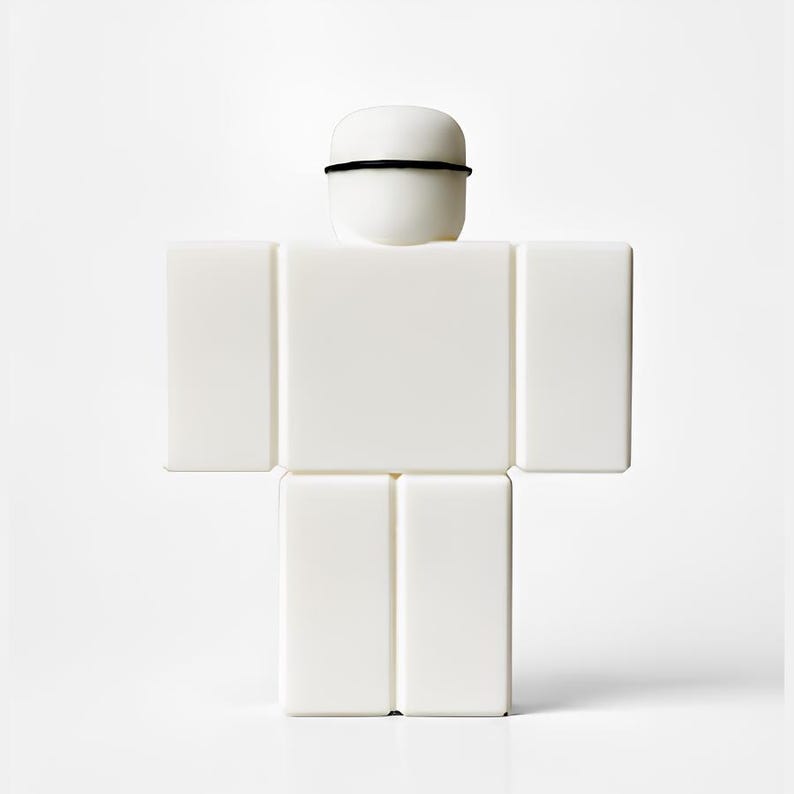 Puede incluir: Una figura blanca en forma de bloque, con una cabeza redondeada y una banda negra. La figura tiene brazos y piernas rectangulares, y un torso cuadrado. El dise&ntilde;o es minimalista y moderno, con una est&eacute;tica limpia y brillante.