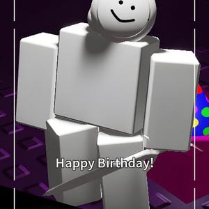 Puede incluir: Gr&aacute;fico digital con una figura blanca y cuadrada con una cara sonriente. El texto "Happy Birthday!" se muestra debajo de la figura, con "Subject_0" en la parte inferior. El fondo es un degradado de morado y negro.