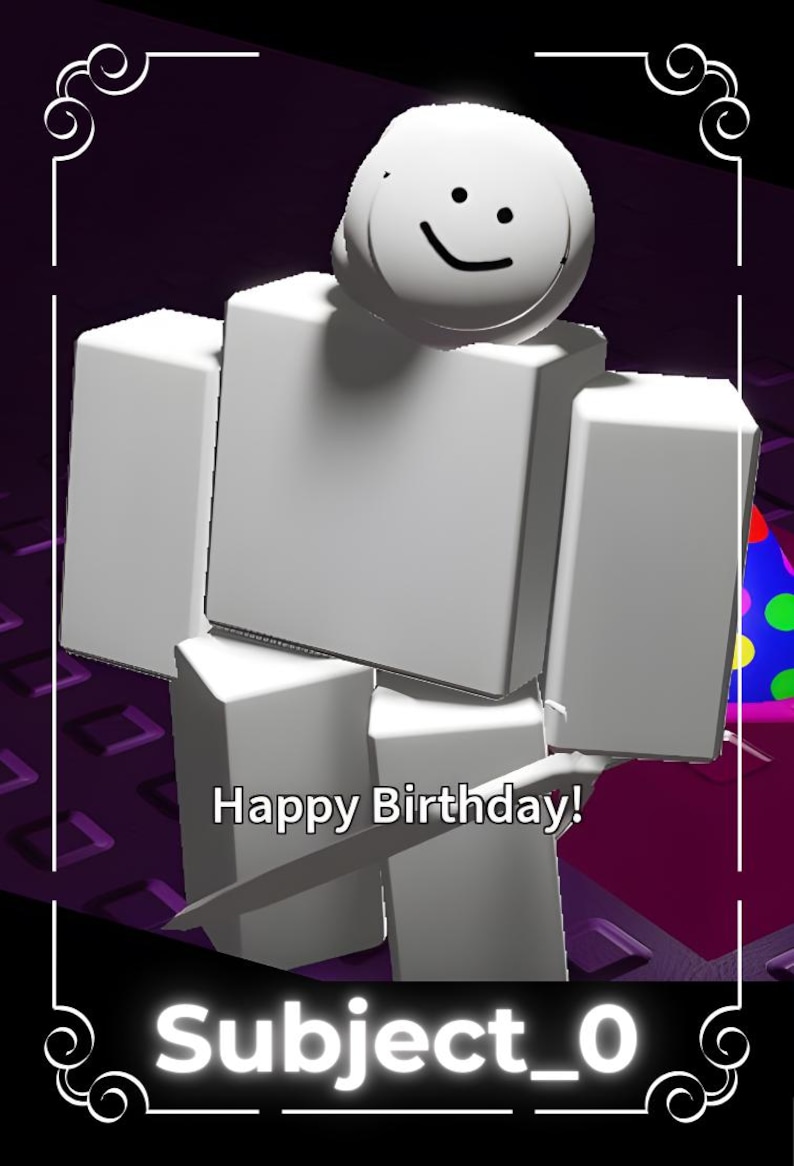 Puede incluir: Gr&aacute;fico digital con una figura blanca y cuadrada con una cara sonriente. El texto "Happy Birthday!" se muestra debajo de la figura, con "Subject_0" en la parte inferior. El fondo es un degradado de morado y negro.