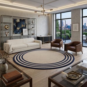 Modern Round Rug 6x6, Blue Border Neutral Wool Carpet Minimalist Area Rug 7x7 8x8