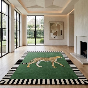 Green Cheetah Area Rug, Hand-Tufted Wool Carpet, Modern Maximalist Decor, Animal Print Floor Mat, Unique Living Room Rug, Striped Border