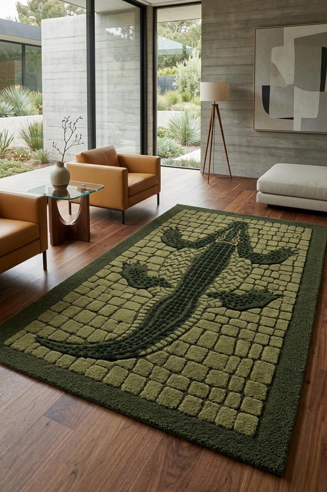 Alligator Area Rug, Hand Tufted Wool Crocodile Carpet, Green Animal ...