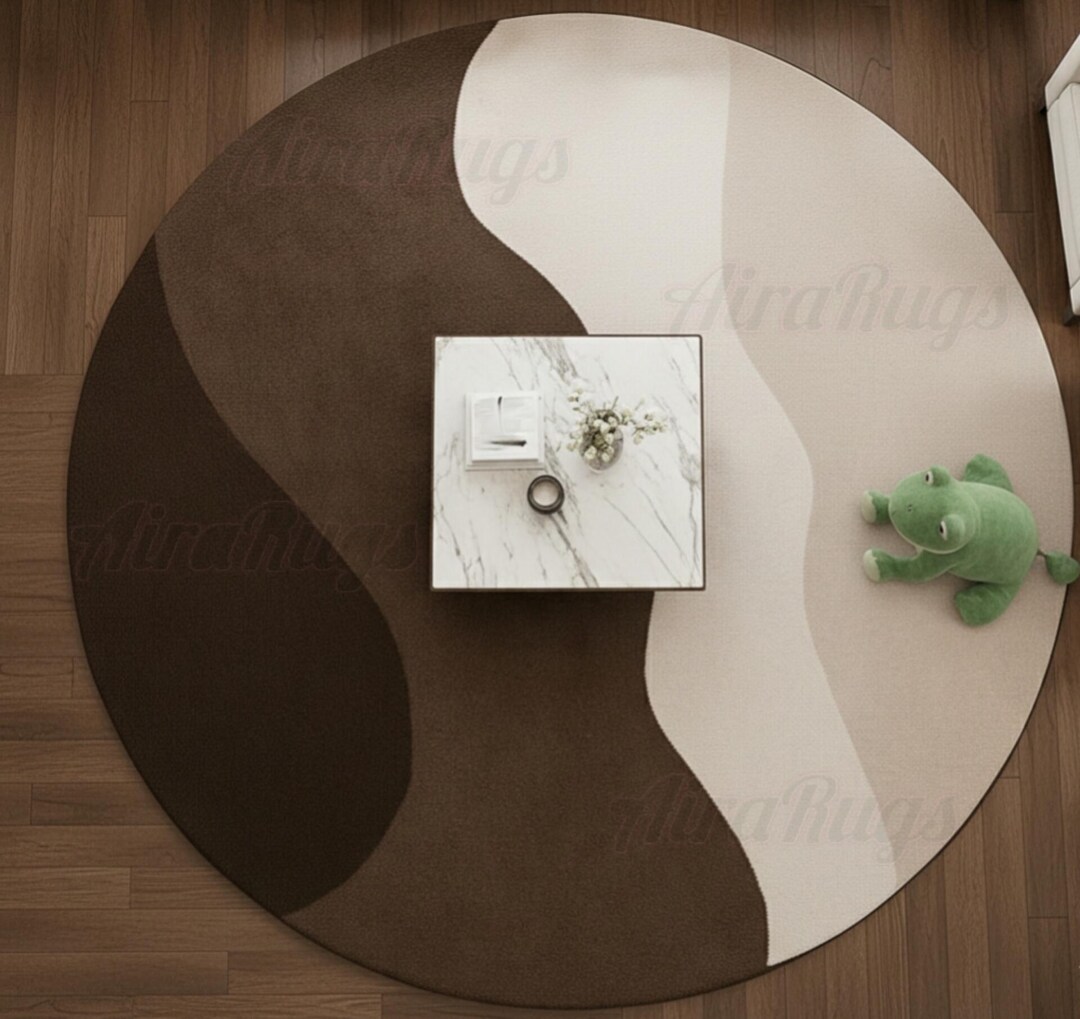 Hand Tufted Round Wool Rug: Modern Abstract Wavy Design - Brown & Beige ...