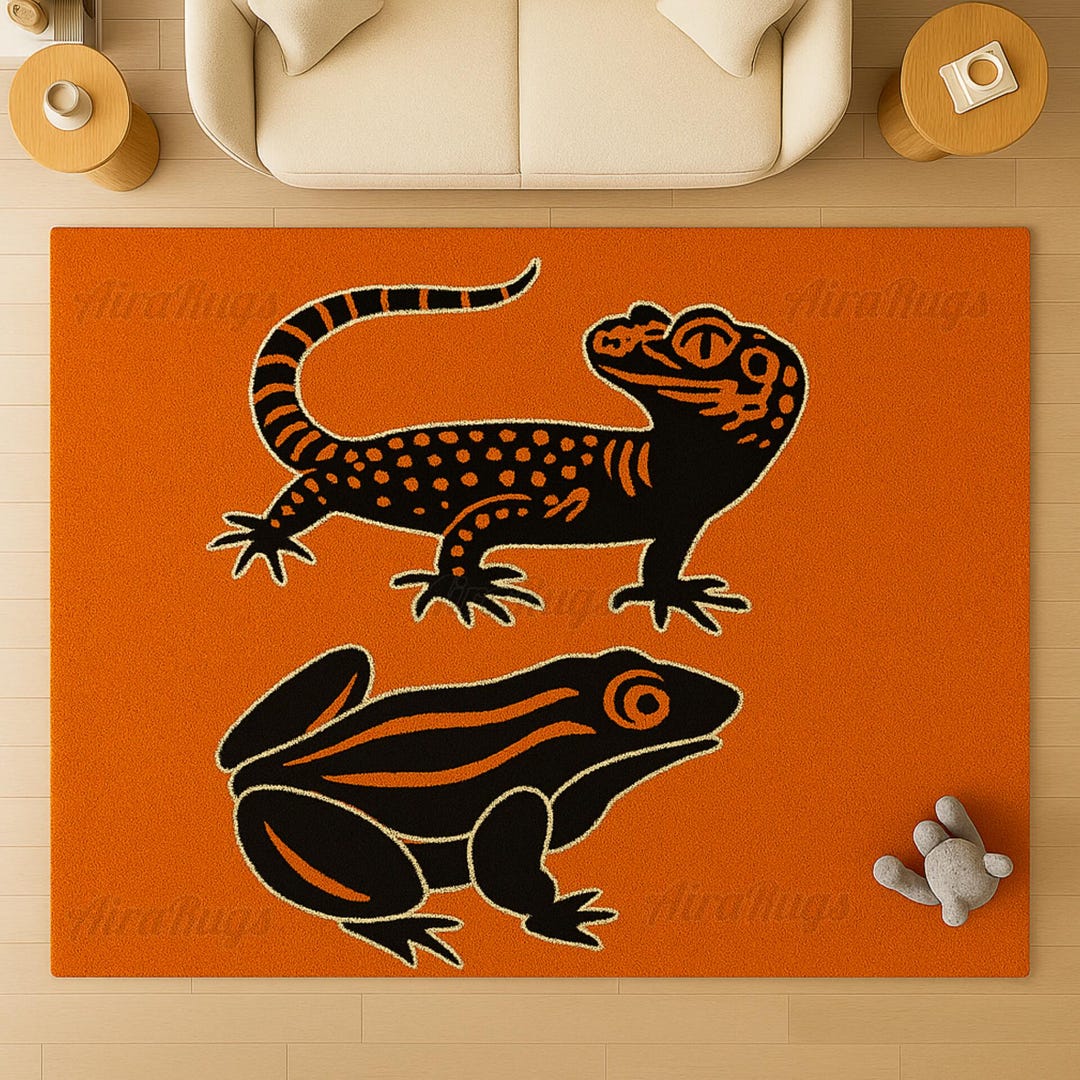 Animal Rug for Kids – Gecko & Frog Hand-tufted Orange Carpet, Cartoon ...