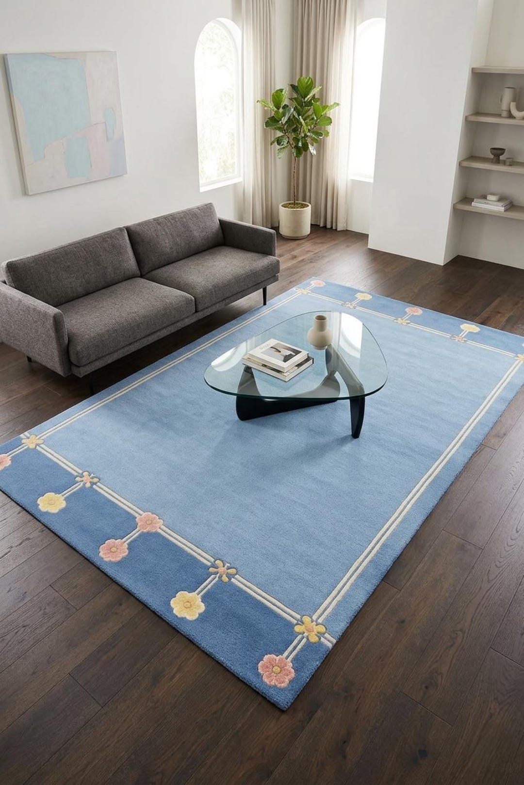 Hand Tufted Wool Rug, Blue Floral Modern Border Carpet for Living Room ...