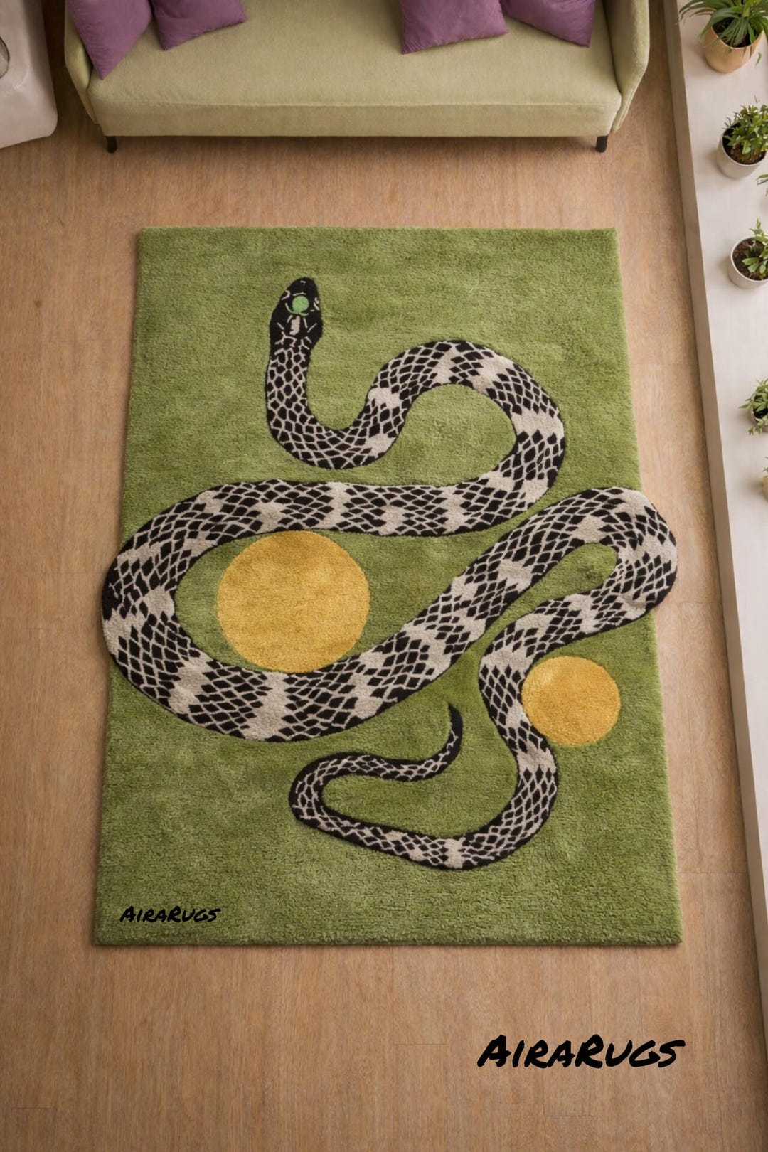 Hand Tufted Green Wool Snake Rug, Modern Animal Art Carpet - Etsy