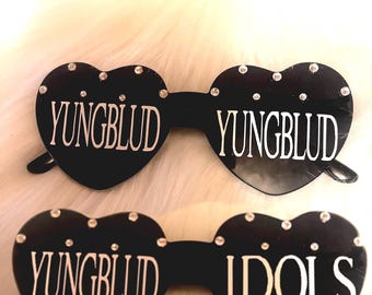 Custom Yungblud Heart Sunglasses | Personalised Name Rhinestone Heart Glasses | Hen Party, Birthday, Festival Gift