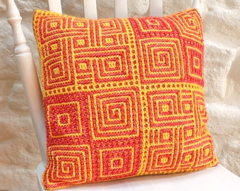 PDF crochet pattern - Mingled Motifs cushion cover with spirals, endless knots and concentric squares using mosaic overlay technique