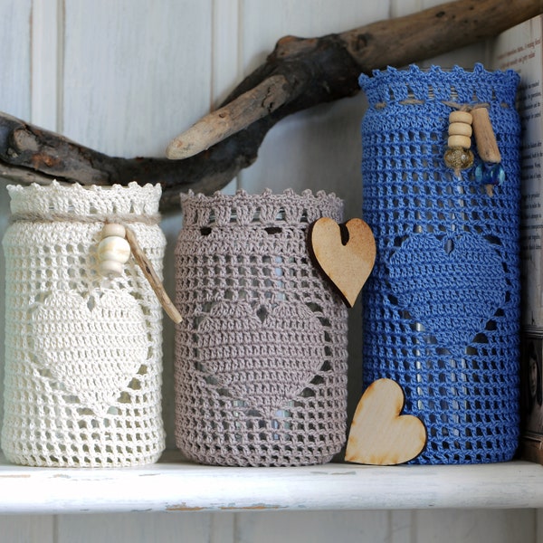 Valentine heart jar cosy / cozy - filet crochet pattern for jam jars -  tealight cover - pencil holder