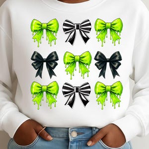Coquette Halloween PNG Horror Movie Never Trust the Living Halloween PNG Girly Spooky Season Trending Retro Halloween Black and Green Bows