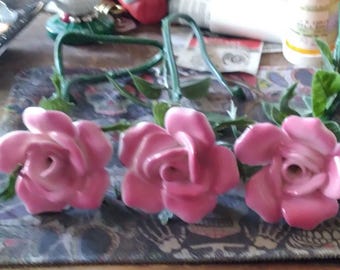 Lot of 3 Vintage Porcelain Flowers With Plastic Stems Pink Made in Japan