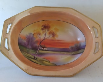 Vintage Noritake Lusterware Bowl: Hand Painted Coral Glaze, Iridescent Gold Rim