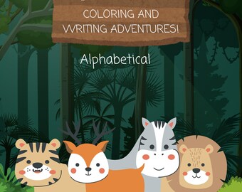 Puede incluir: Portada de libro infantil con el título "Animals" en un letrero de madera. Debajo del título están las palabras "Coloring and Writing Adventures!" y "Alphabetical". La imagen presenta animales de dibujos animados: un tigre, un ciervo, una cebra y un león.