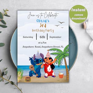 Stitch Birthday Invitation Template, Canva editable Stitch party invite, Cartoon Birthday invitation, stitch template, lilo and stitch bday