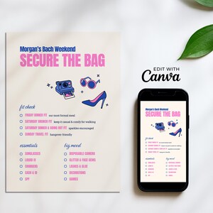Może przedstawiać: Jasny beżowy ulotka i smartfon wyświetlają plan wieczoru panieńskiego. Ulotka zawiera tekst "Morgan's Bach Weekend SECURE THE BAG" z ilustracjami okularów przeciwsłonecznych, aparatu, wysokich obcasów i innych niezbędnych rzeczy.