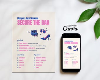 Bachelorette Party Packing List - Editable Canva Template, Printable & Mobile Digital Download, Bridesmaid Weekend Checklist