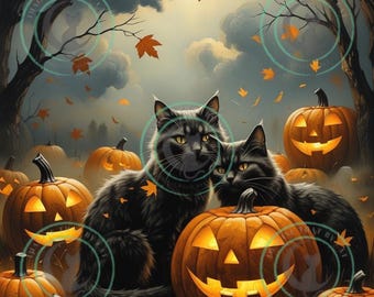 黒猫のハロウィンアートプリント：ヴィンテージ秋の装飾（デジタル