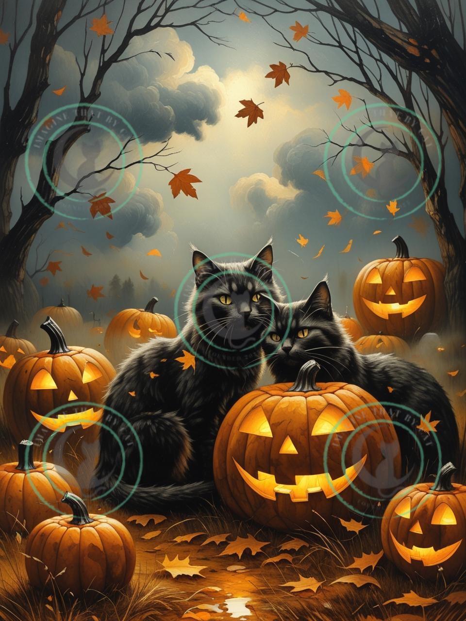 黒猫のハロウィンアートプリント：ヴィンテージ秋の装飾（デジタル
