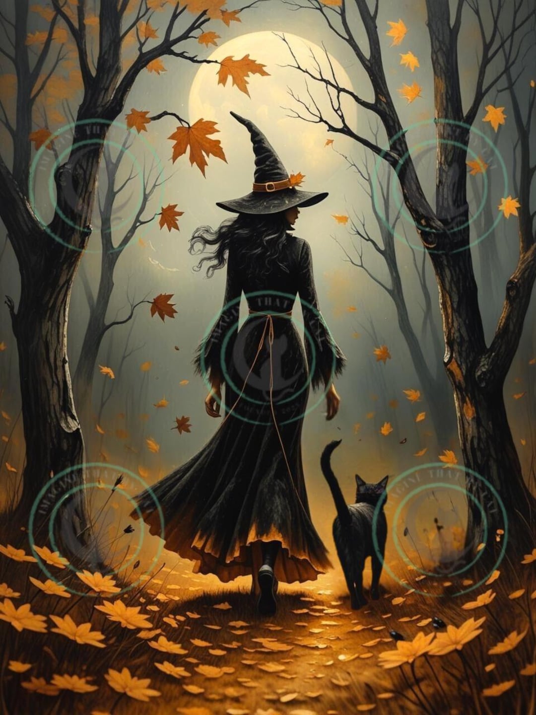Witch and Black Cat Halloween Print: Moonlit Stroll, Spooky Wall Art ...
