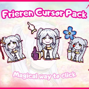 May include: A pink banner with the text "Frieren Cursor Pack" and the phrase "Magical way to click." The image features pixel art of a character with white hair and various cursor designs, including a hand, a flower, and a staff.