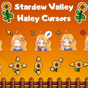 Könnte beinhalten: Digitales Kunstwerk mit Cursorn im Stardew Valley-Stil. Das Bild zeigt eine blonde Figur mit verschiedenen Gesichtsausdrücken, Sonnenblumen und Richtungspfeilen, vor einem orangefarbenen Hintergrund.