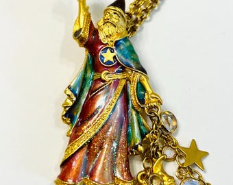Broche de mago esmaltado Kirks Folly vintage firmado, realzador, collar con lazos de estrellas de 81 cm