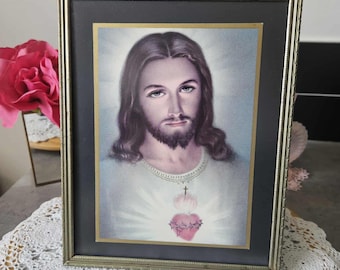 Vintage 60s Jesus Christ Sacred Heart Christian Religious Portrait ...