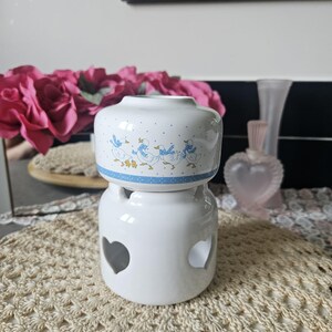 Vintage 1980s Country Goose Ceramic Wax Warmer, White and Blue Ribbon Duck Oil Burner, Farmhouse Heart Cutouts Potpourri Simmer Pot