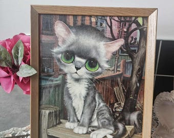 Vintage Wall Hanging Wall Art GIG Sad Big Eyed Cat Art Print on