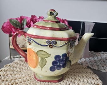 Vintage Hand Painted Ceramic Teapot – Italian Tuscan Style, Fruit Motif, Rustic Kitchen Decor, Decorative Teapot