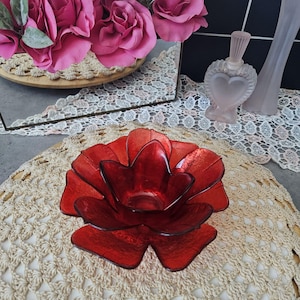 Vintage Red Glass Lotus Candle Holder Set – 3 Stackable / Nesting Pieces – Mid Century Style Floral Tealight Holders