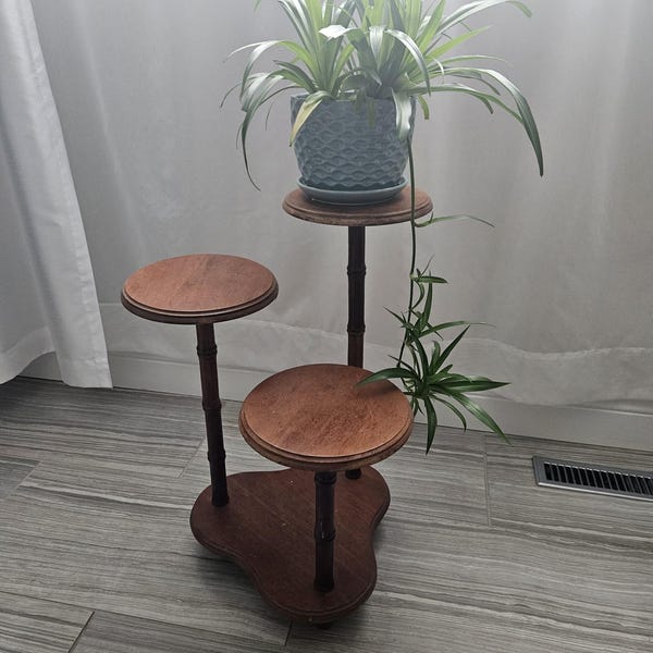 Vintage plant holder shelf 3 round levels, house plant decor, rustic wooden plant shelves, country plant cabinet, wooden indoor garden.